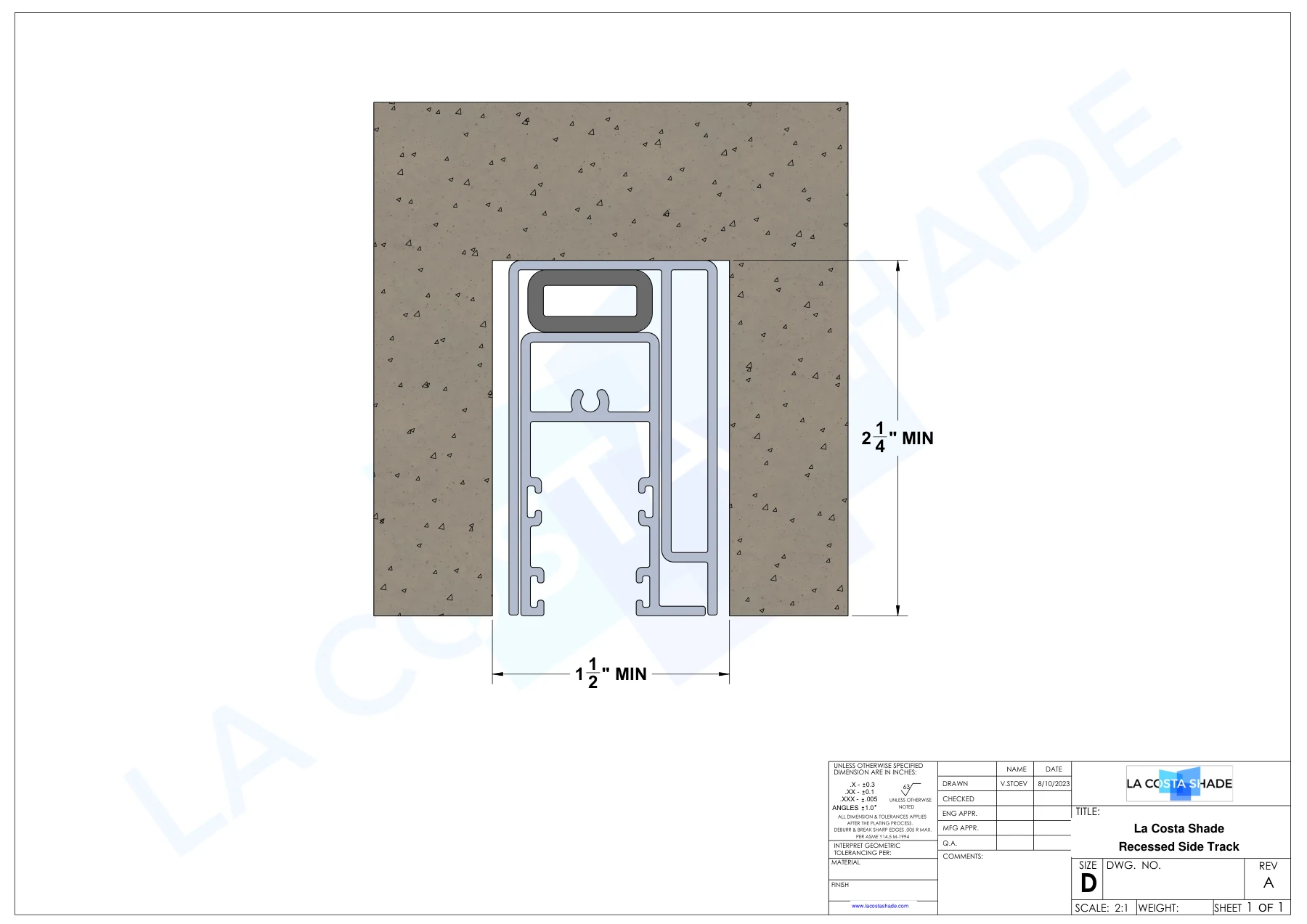 La Costa Shade PowerScreen recessed side track clearance detail at 2:1 scale